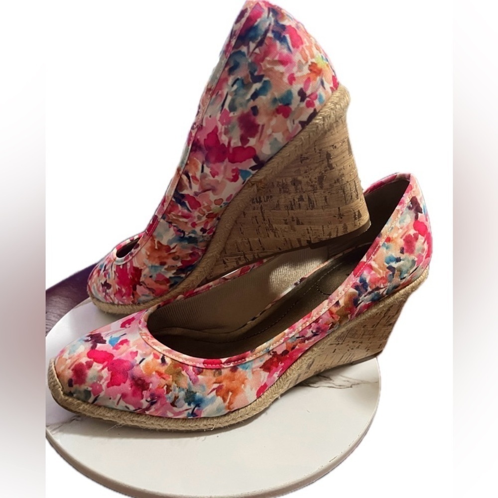 Life Stride Pink White Blue Floral Watercolor Cork Wedge Slip On High Heels 10M - Picture 6 of 13